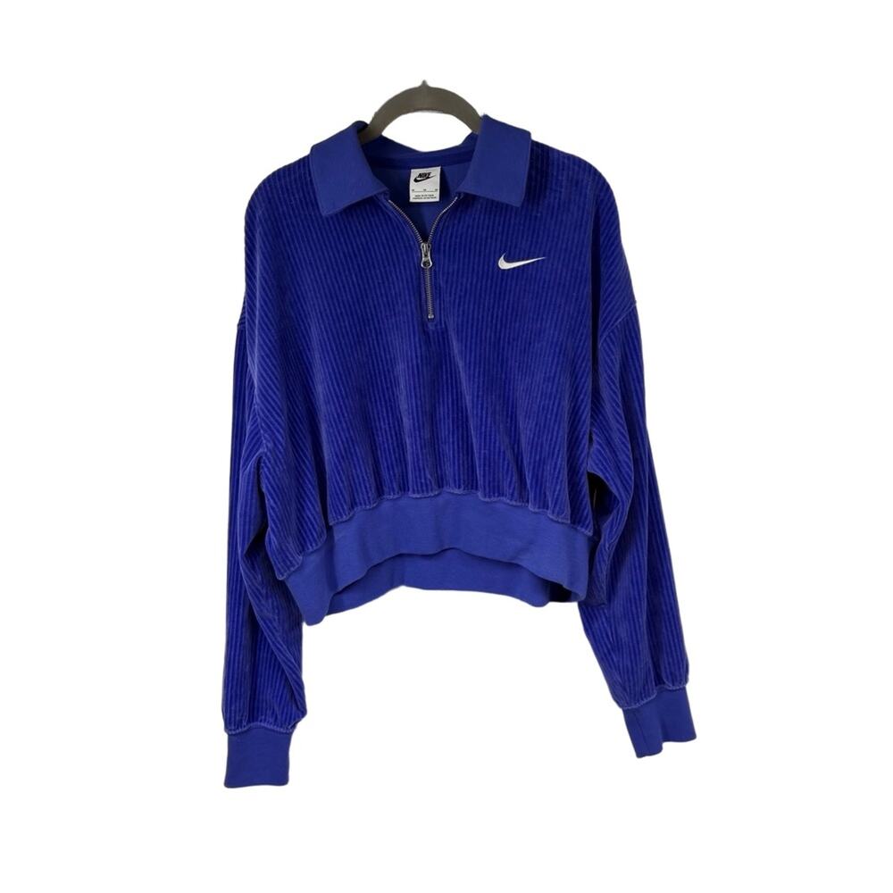 Nike Womens M‎ Blue Purple Pullover Velour Fabric Quarter Zip Sporty Retro Crop